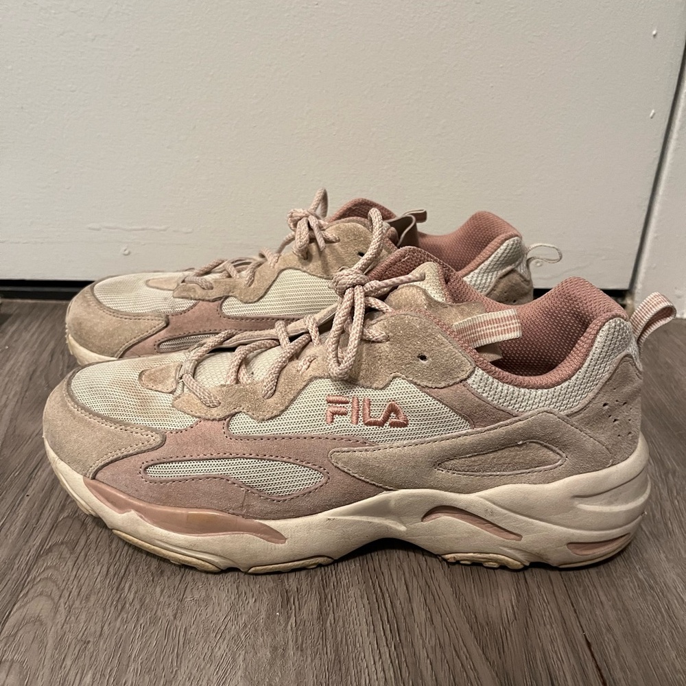 FILA Women's Pink and Beige Chunky Suede Mesh Sneakers